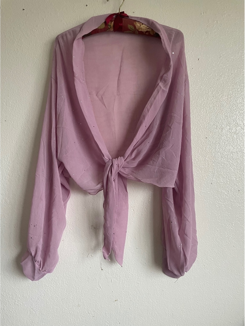 Light pink sheer fairycore mermaidcore whimsy glitter sparkle tiefront shrug top